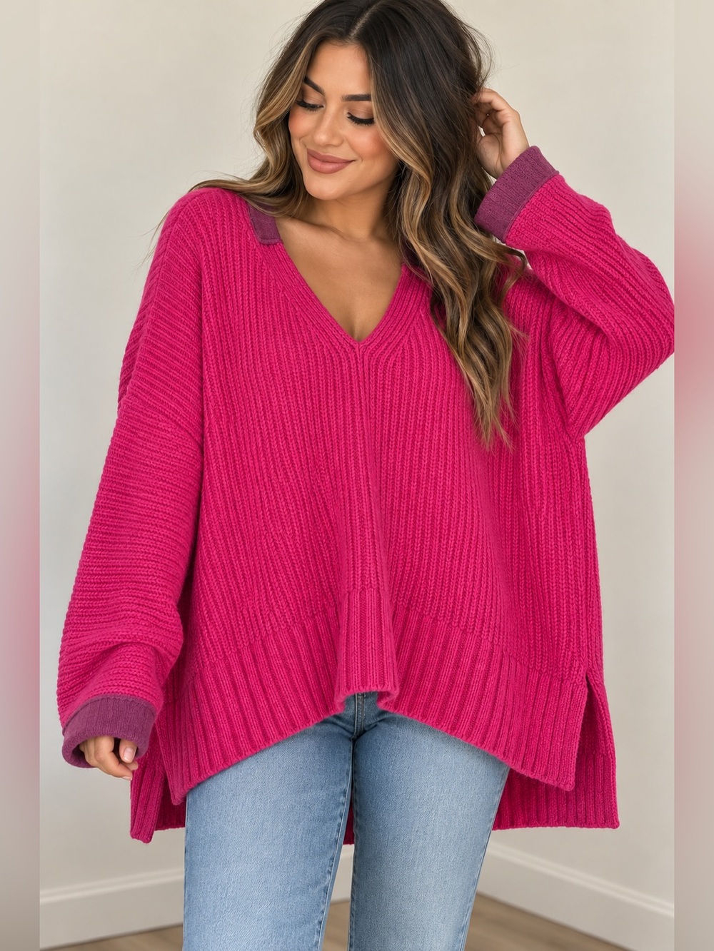 Free People Ribbed V-Neck Sweater in Fuchsia Pink with Contrast Cuffs